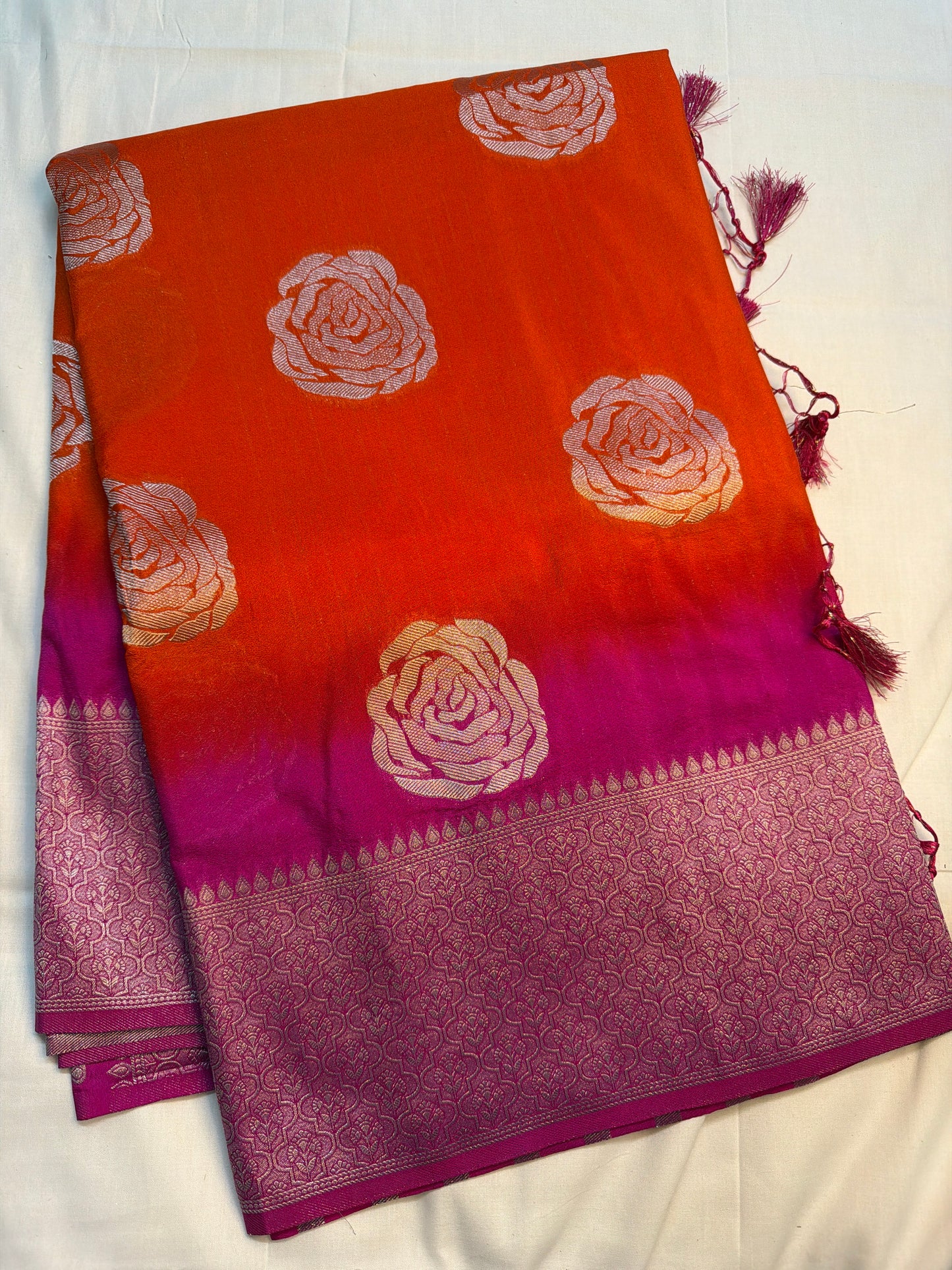 Banarasi chanderi saree silver rose